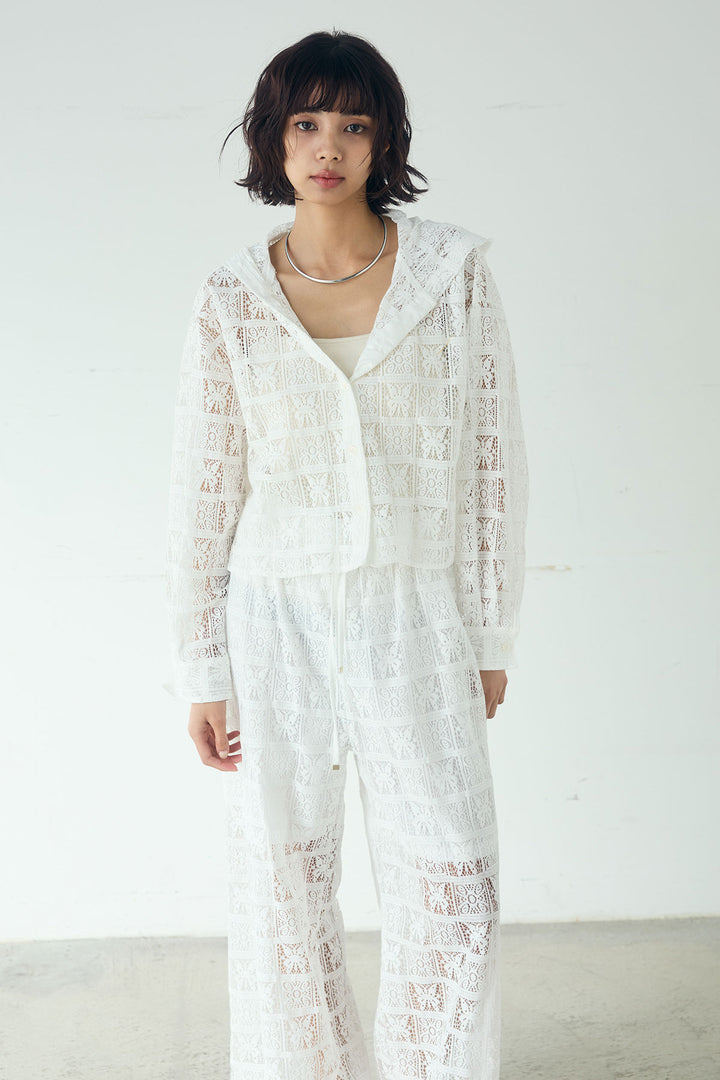 [SET]デニムオーバーサイズジャケット+パッチワークレースイージーパンツ+パッチワークレースショート丈フードシャツ(3set)