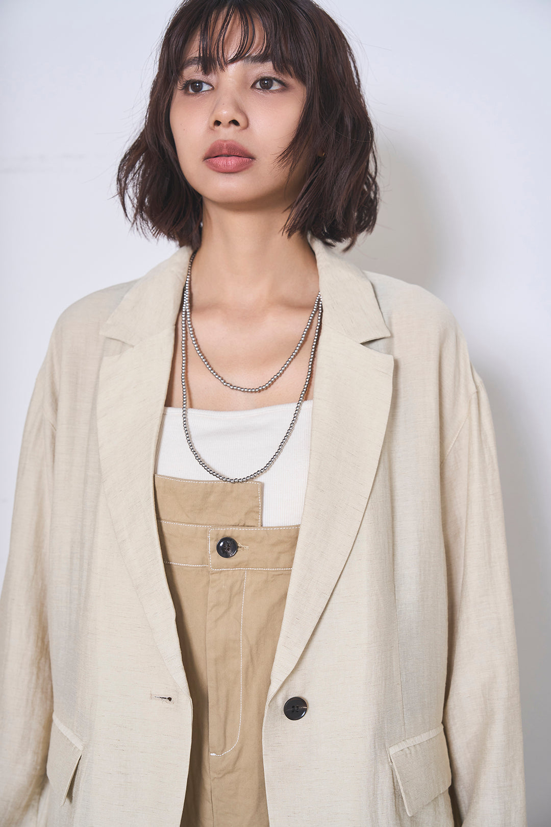 [SET]リネンブレンドテーラードシアージャケット+綿ツイルアシメサロペット(2set)