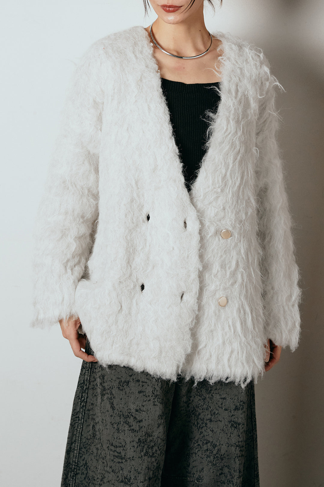 [SET]ウェーブシャギーニットジャケット+ベルト付きニュアンス柄カーブワイドパンツ(2set)