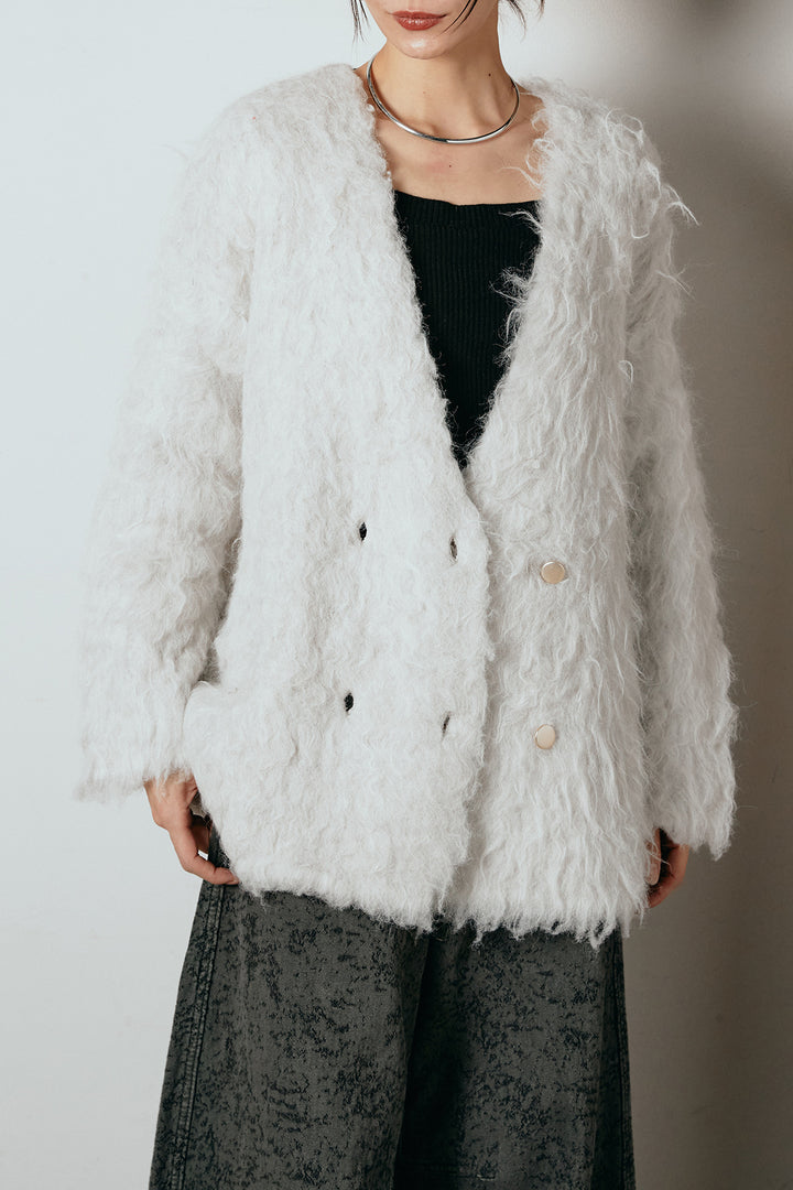 [SET]ウェーブシャギーニットジャケット+ベルト付きニュアンス柄カーブワイドパンツ(2set)