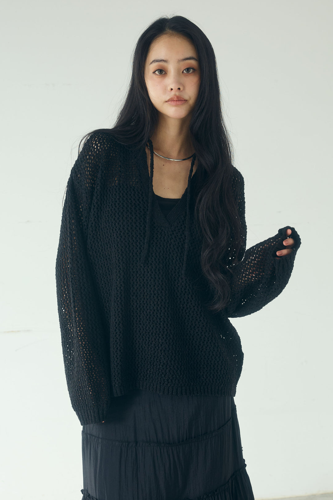 [SET]ミックスメッシュキーネックプルオーバー+シアーチュールレイヤードワイドパンツ(2set)