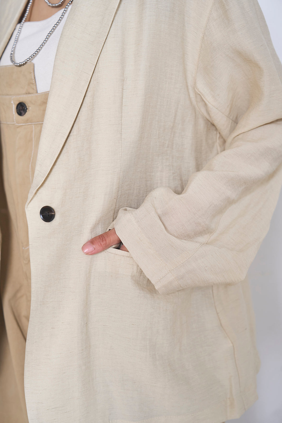 [SET]リネンブレンドテーラードシアージャケット+綿ツイルアシメサロペット(2set)