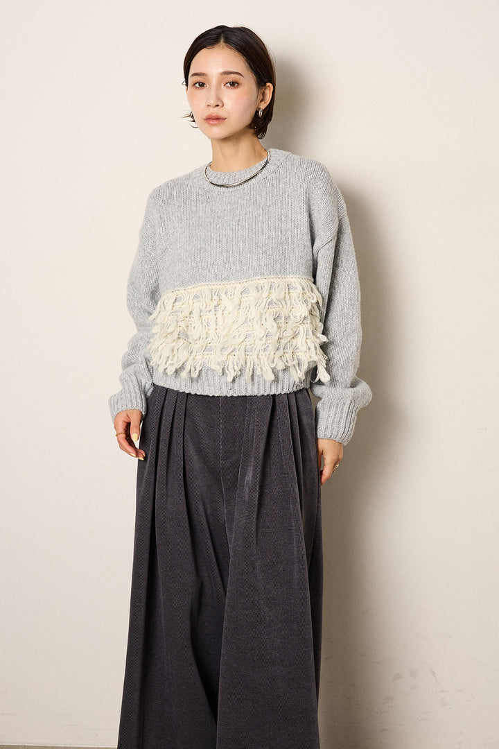 [SET]ループ編み切り替えニットプルオーバー+ベルトループコーデュロイワイドパンツ(2set)