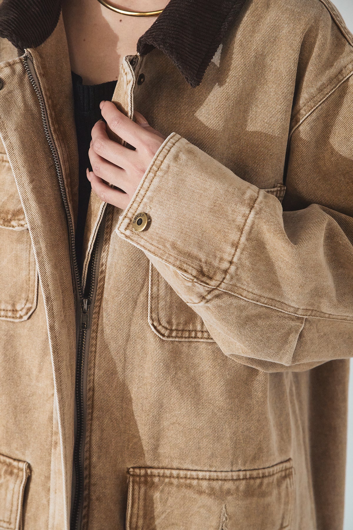 襟コーデュロイジップデニム調カバーオール – ESICA