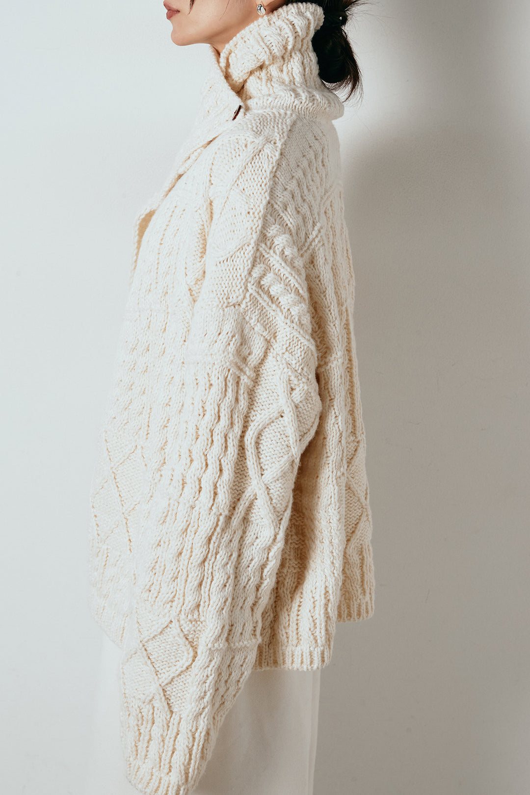 [SET]ビッグカラーケーブル編みニットトップス+フェイクレザー太ベルト付きタックワイドパンツ(2set)