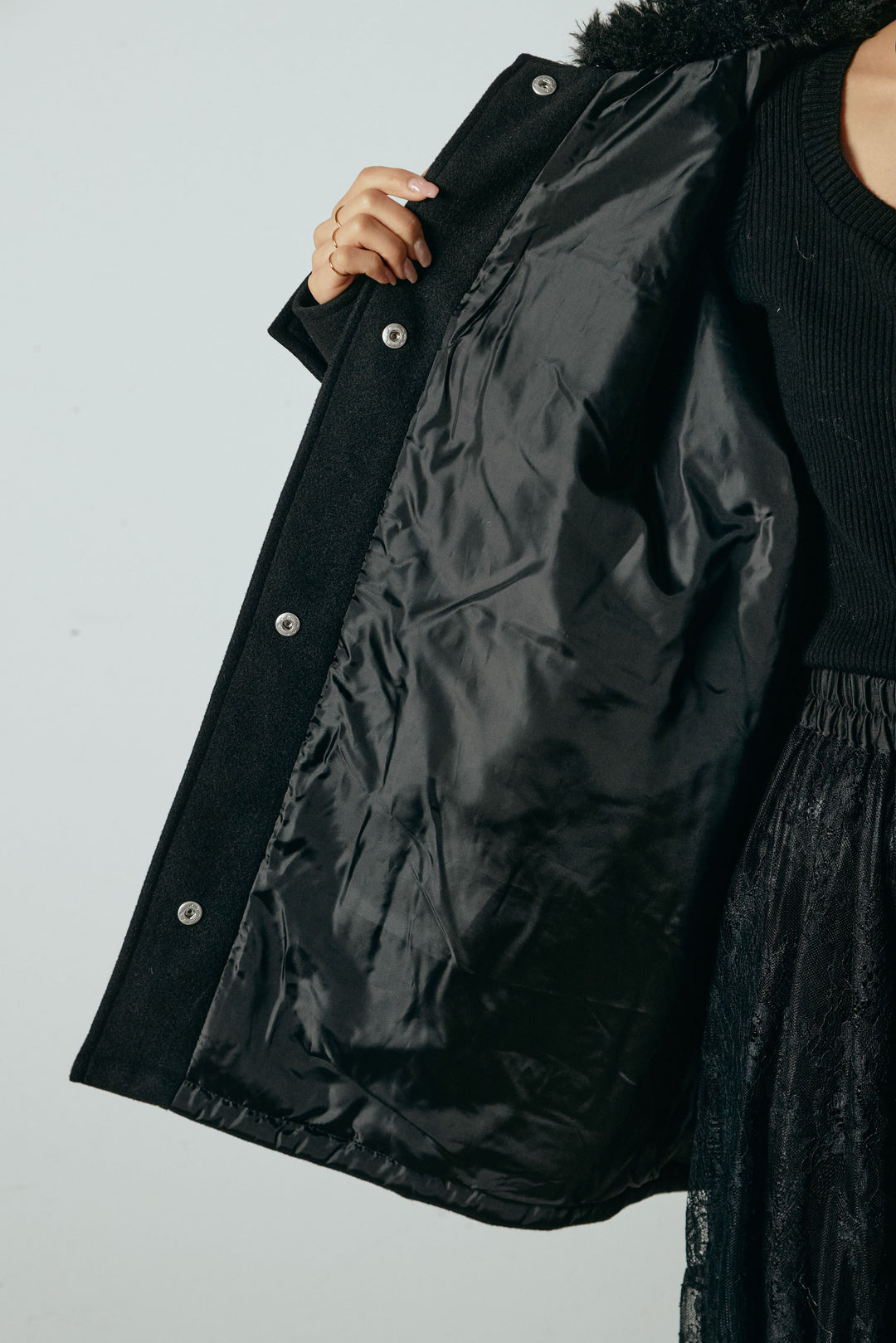 エコウール衿ファー薄中綿入りミドルカバーオール