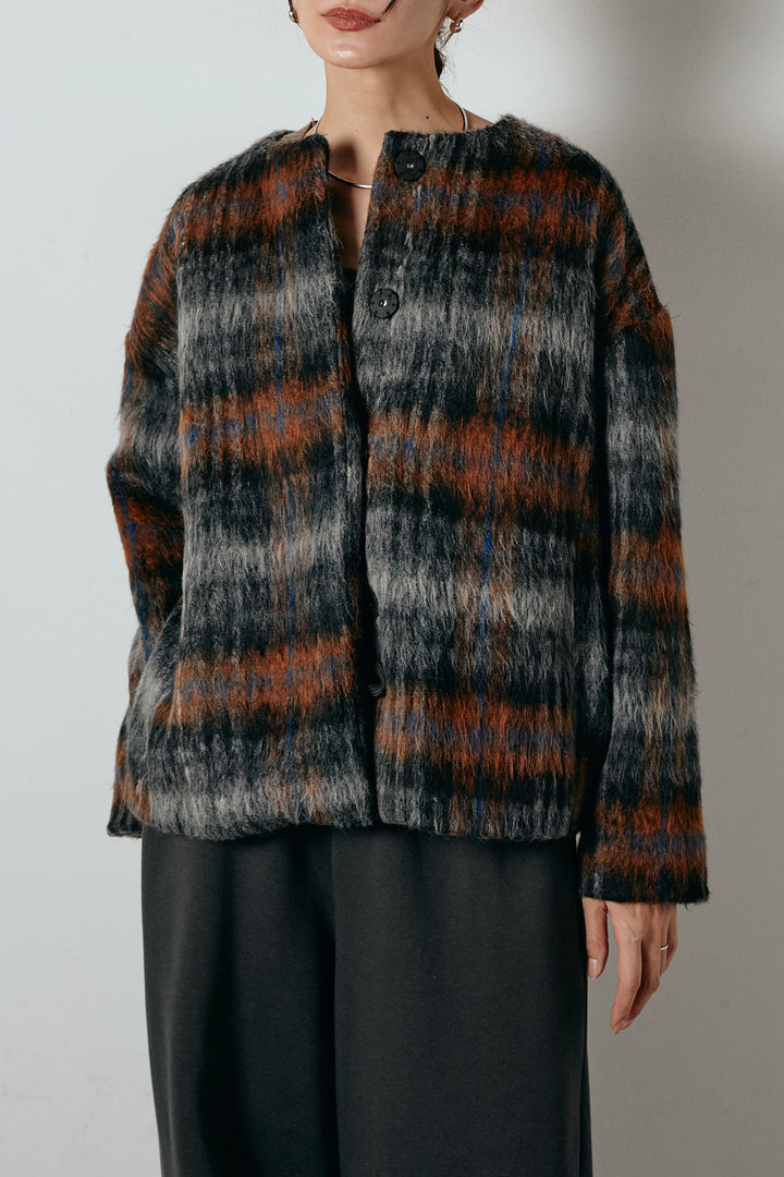 [SET]ノーカラーシャギーチェックアウター+ポーチベルト付きカーブパンツ(2set)