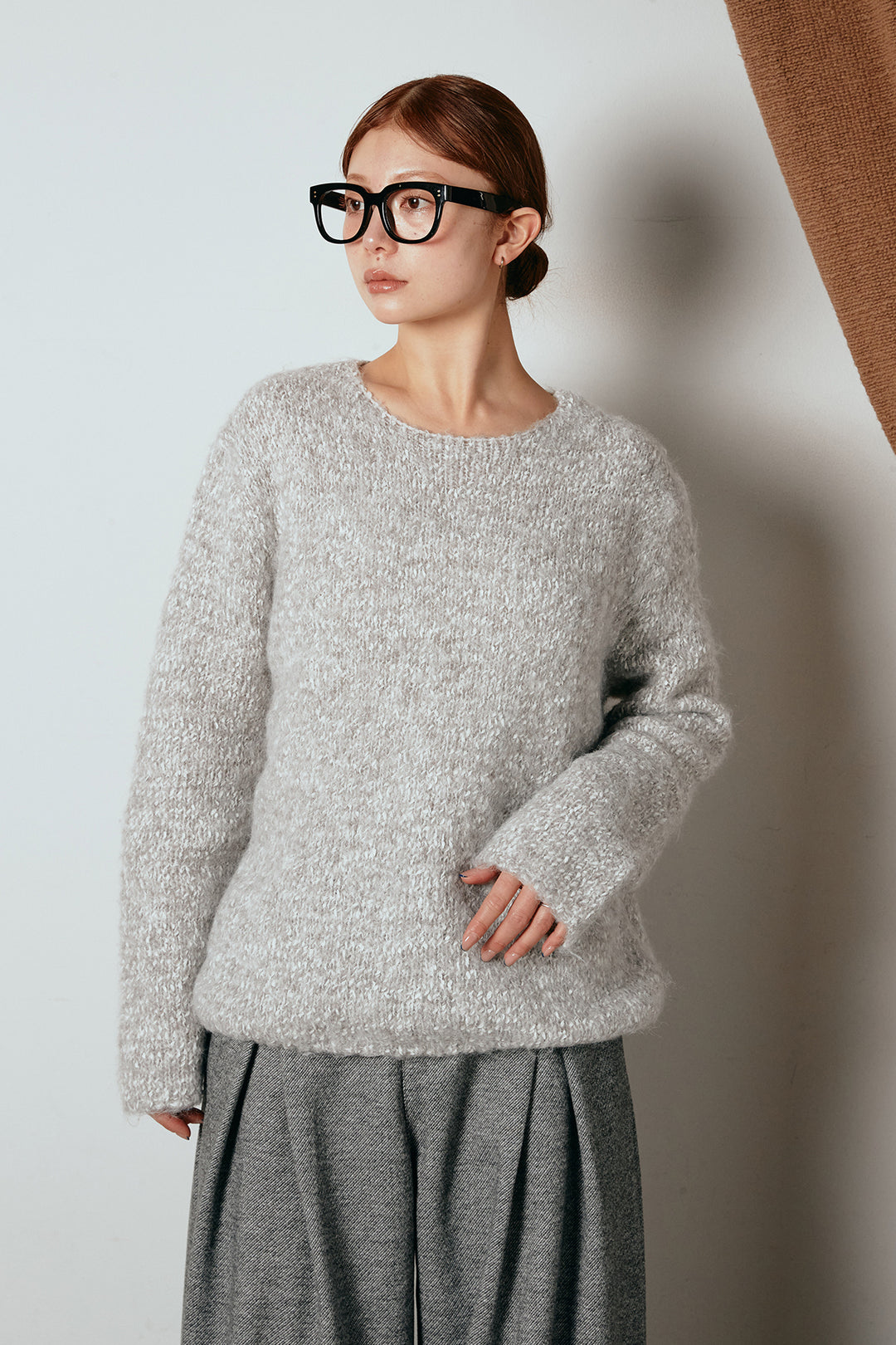 [SET]スカーフ付きミックスニットトップス+細ベルト付き起毛タックワイドパンツ(2set)