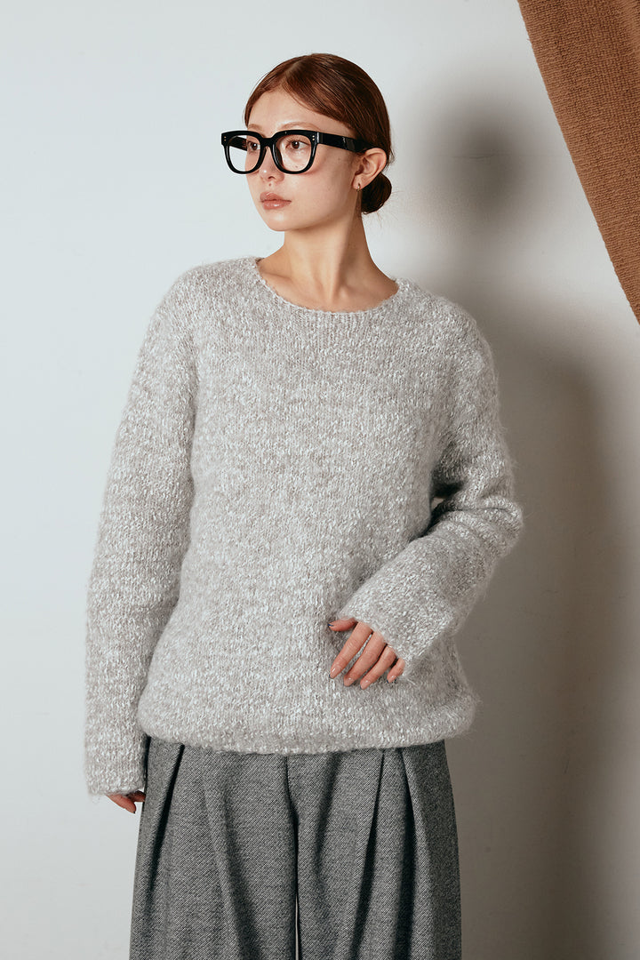 [SET]スカーフ付きミックスニットトップス+細ベルト付き起毛タックワイドパンツ(2set)