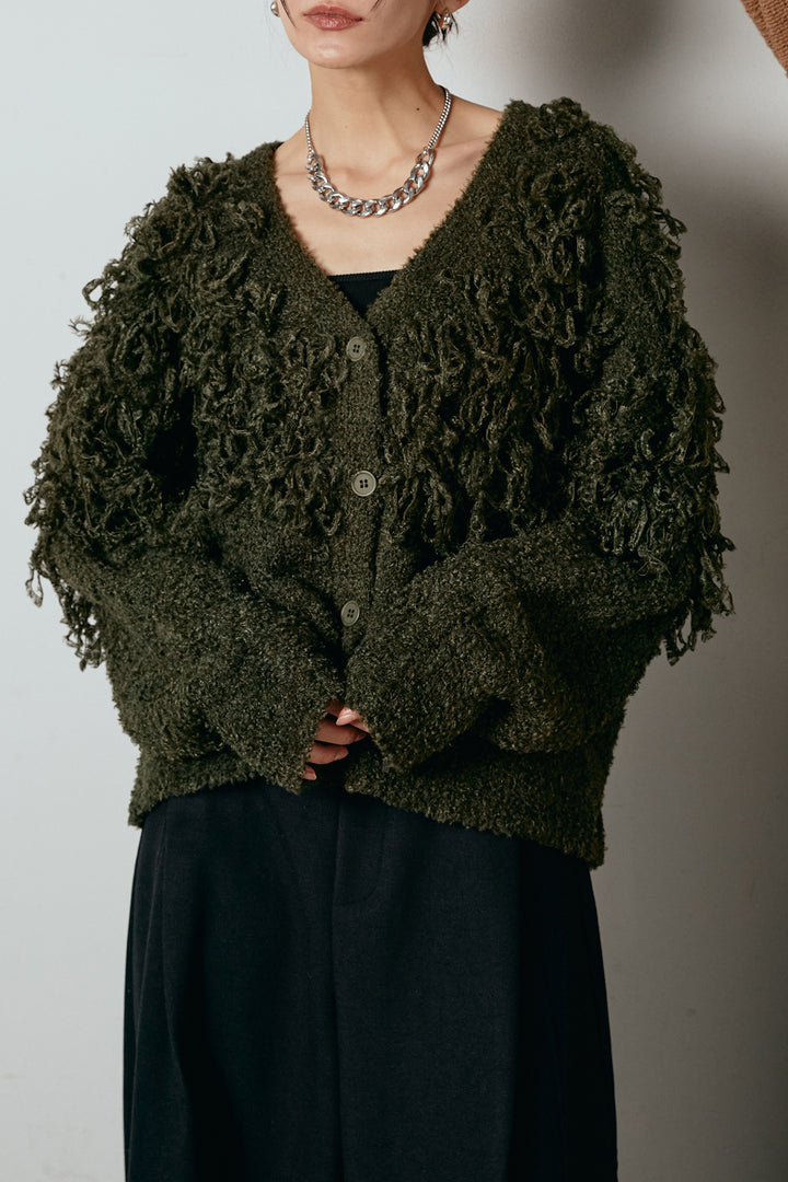 [SET]ループ編みVネックニットカーディガン+ポーチベルト付きカーブパンツ(2set)