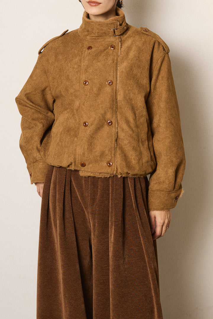 [SET]スタンド襟スウェードライクアウター+デニムロングフレアスカート(2set)