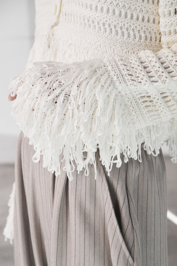 [SET]メッシュフリンジカーディガン+ウールタッチカーブワイドパンツ(2set)