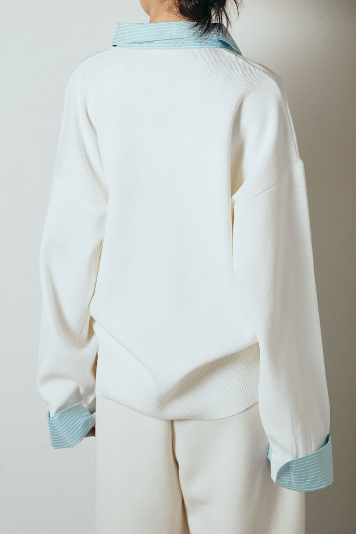 [SET]ストライプシャツドッキングポロトップス+裏起毛スウェットワイドパンツ(2set)