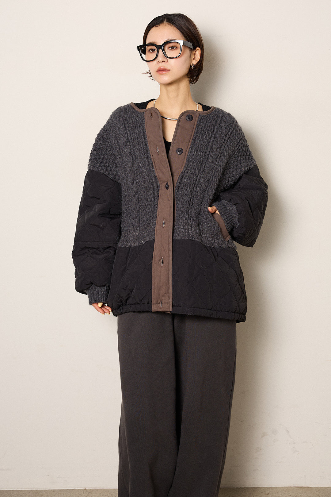 [SET]アラン編みニットノーカラー裾キルティングブルゾン+裏起毛スウェットワイドパンツ(2set)