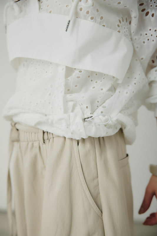 【着回しセット】[SET]ミックスメッシュキーネックプルオーバー+レースハーフジップアップフーディー +ベルト付きツータックワイドパンツ(3set)