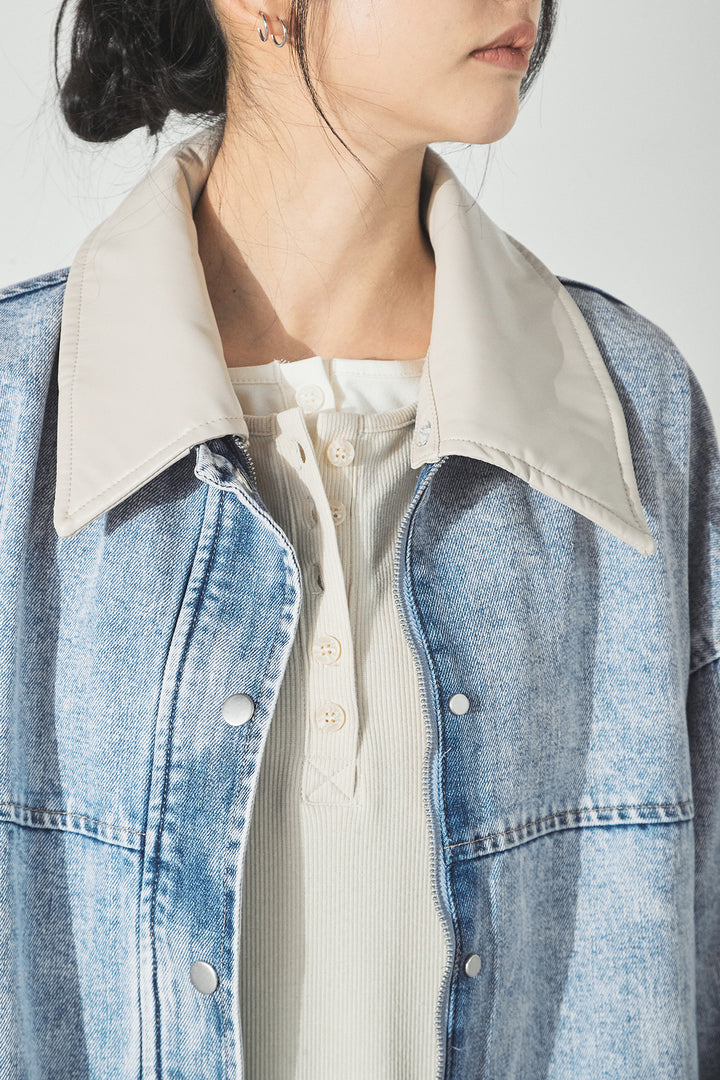 [SET]加工デニムレザー襟付きデニムブルゾン+カットリブレイヤードヘンリーネックワンピース(2set)