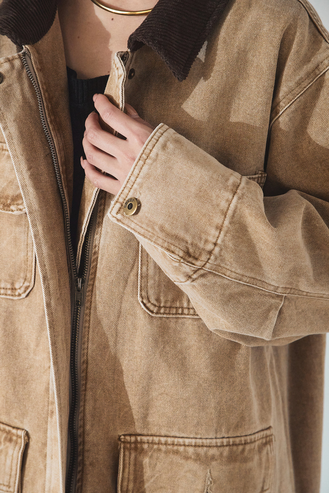 [SET]襟コーデュロイジップデニム調カバーオール+レオパードサテンナロースカート(2set)