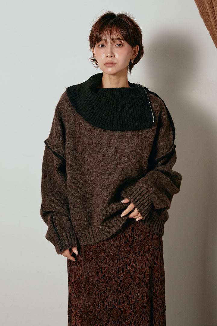 [SET]ハイネックジップデザインニットトップス+ベルト付きネップツイードカーブパンツ(2set)