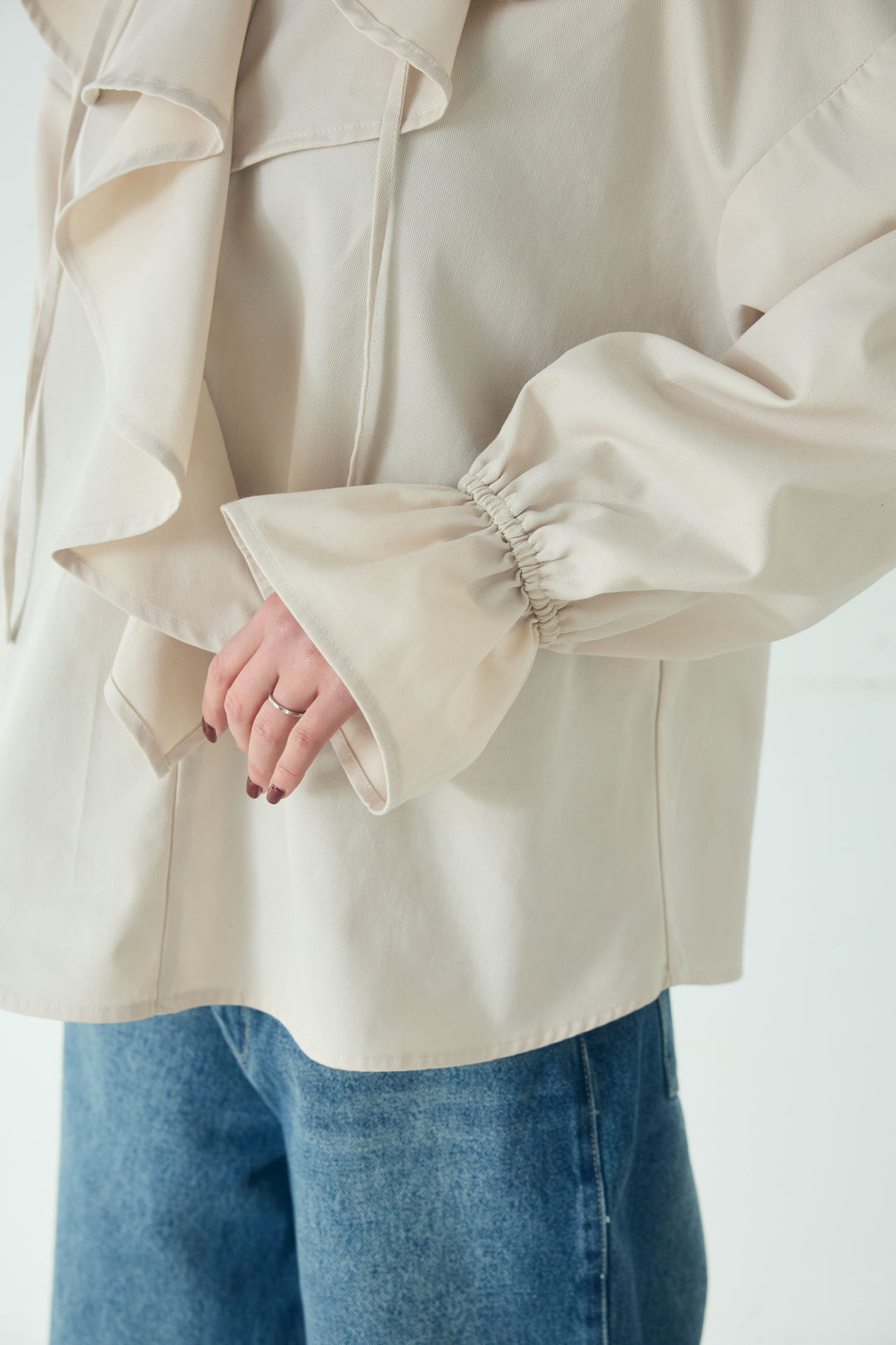 [SET]リネンライクテーラードジャケット+デニムフリルブラウス(2set)