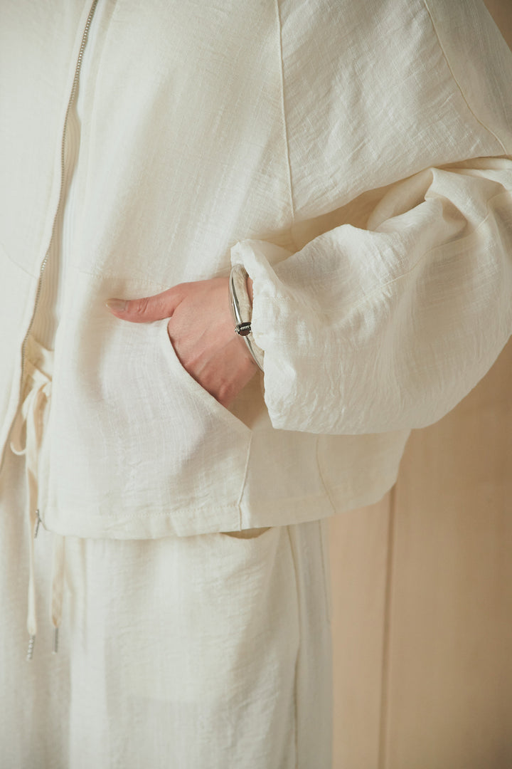 [SET]麻混ノーカラーブルゾン+麻混ウエストドロストパンツ(2set)