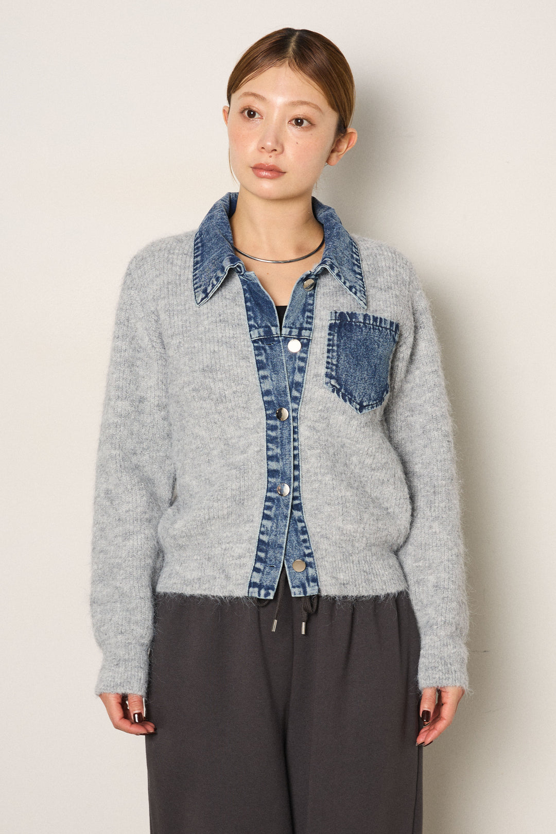 [SET]襟付きデニム切替ニットカーディガン+裏起毛スウェットワイドパンツ(2set)