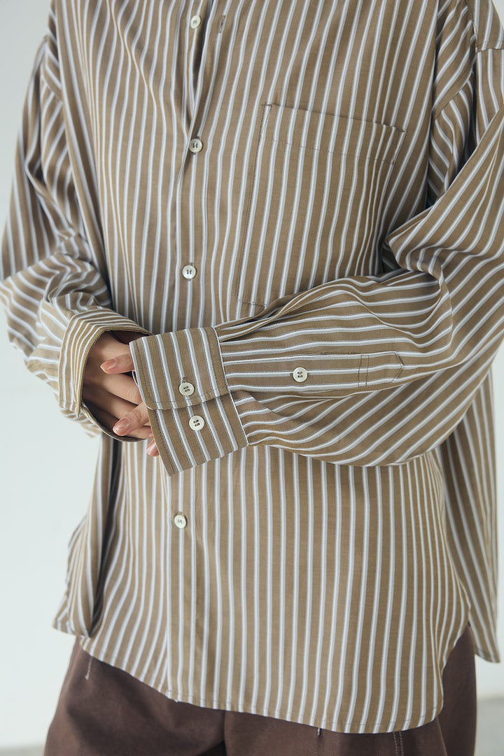 レーヨンストライプバンドカラー長袖シャツ