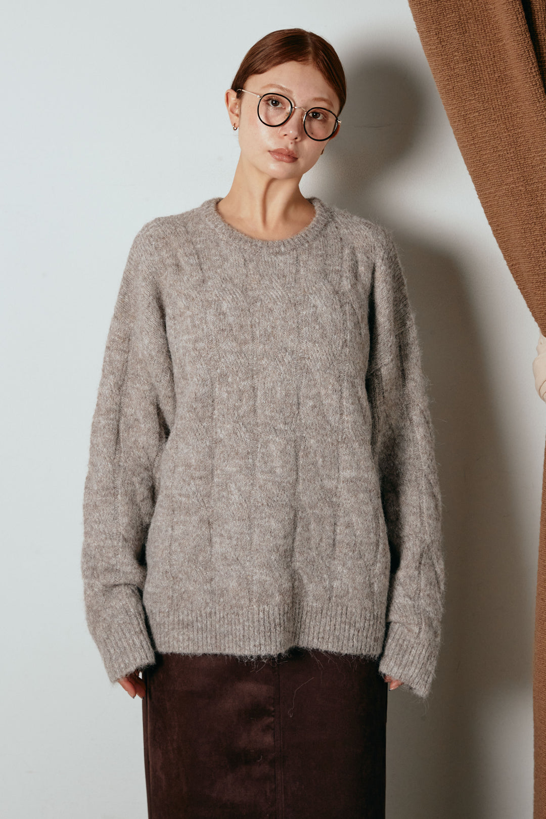 [SET]ケープデザインケーブルニットトップス+グレンチェック柄フロントジップタイトスカート(2set)