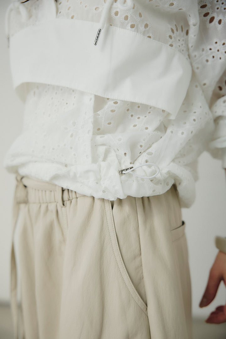 [SET]レースハーフジップアップフーディー+フェイクレザーカーブワイドパンツ(2set)