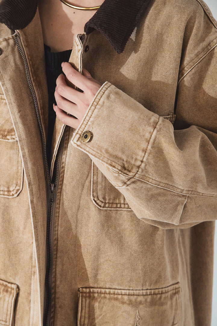 [SET]襟コーデュロイジップデニム調カバーオール+裾レースデザインサテンスカート(2set)