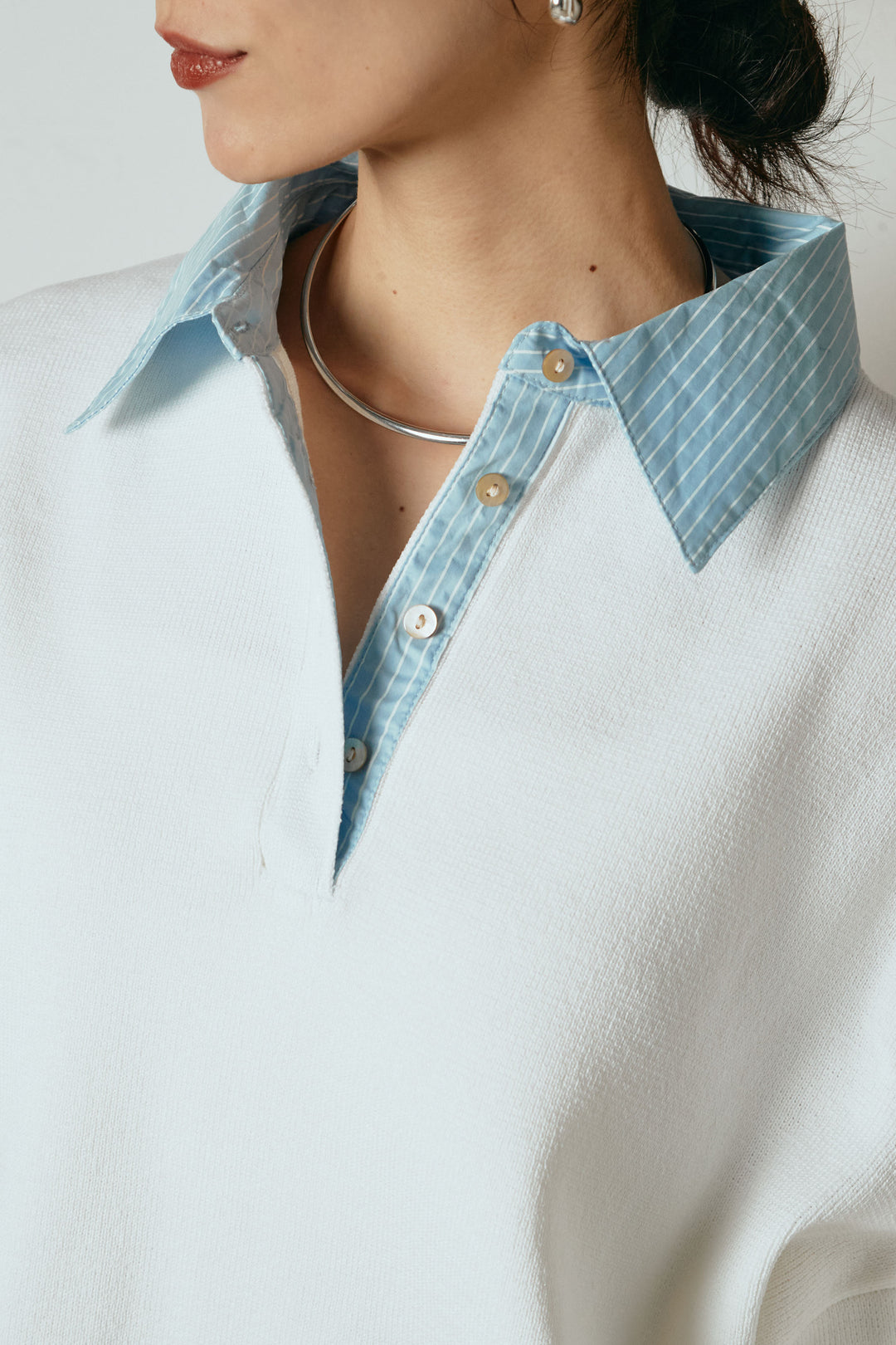 [SET]ストライプシャツドッキングポロトップス+ポーチベルト付きコーデュロイワイドスカート(2set)