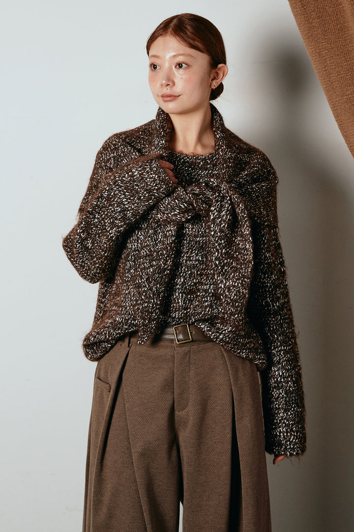 [SET]スカーフ付きミックスニットトップス+スウェードライク裾フリンジスカート(2set)