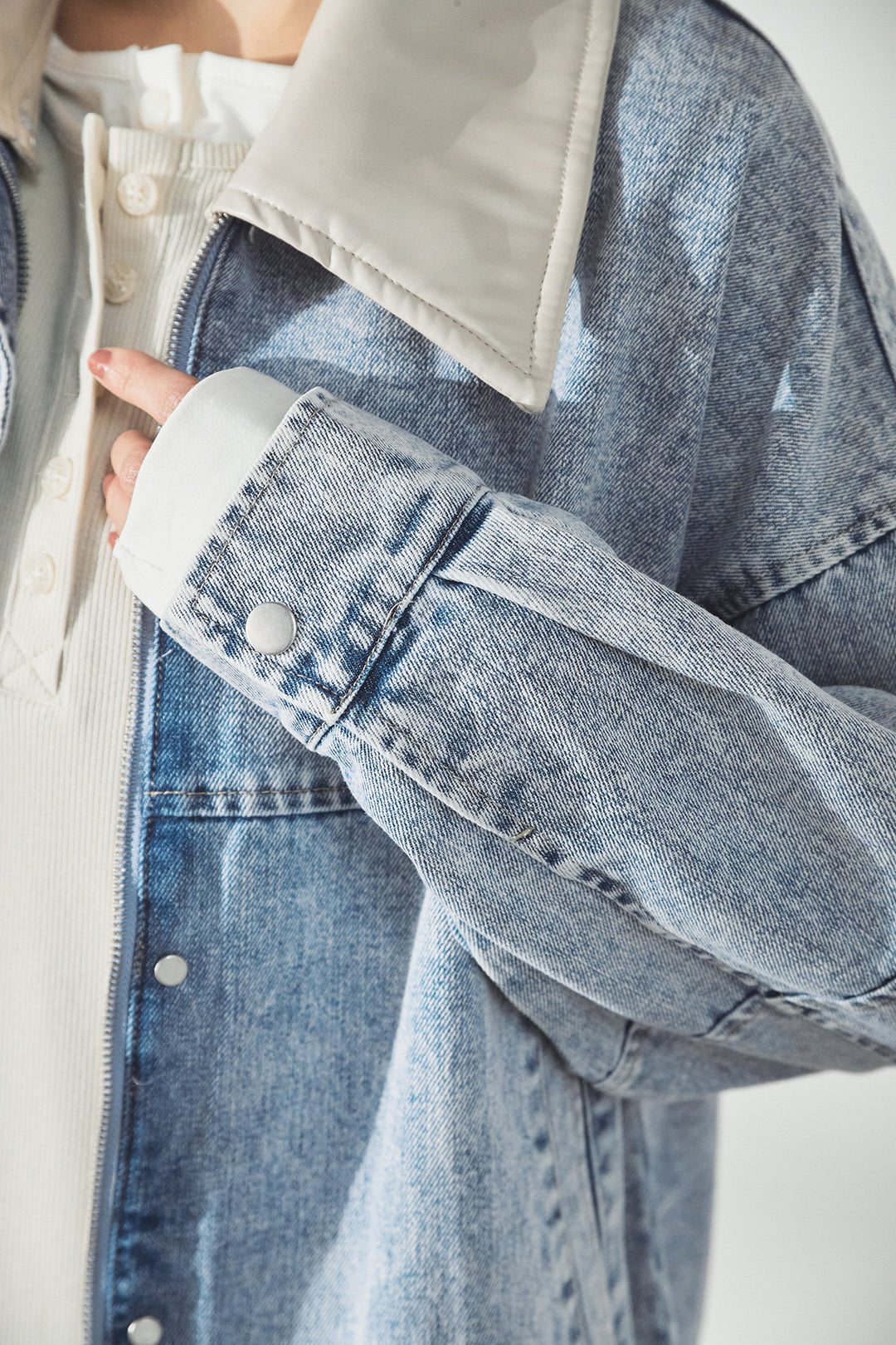 加工デニムレザー襟付きデニムブルゾン