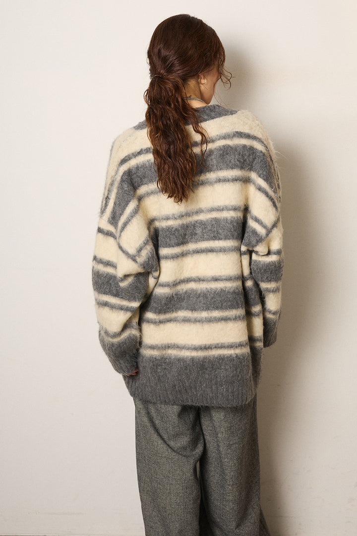 [SET]ルーズVネックボーダーニットトップス+杢ニットリブフレアパンツ(2set)