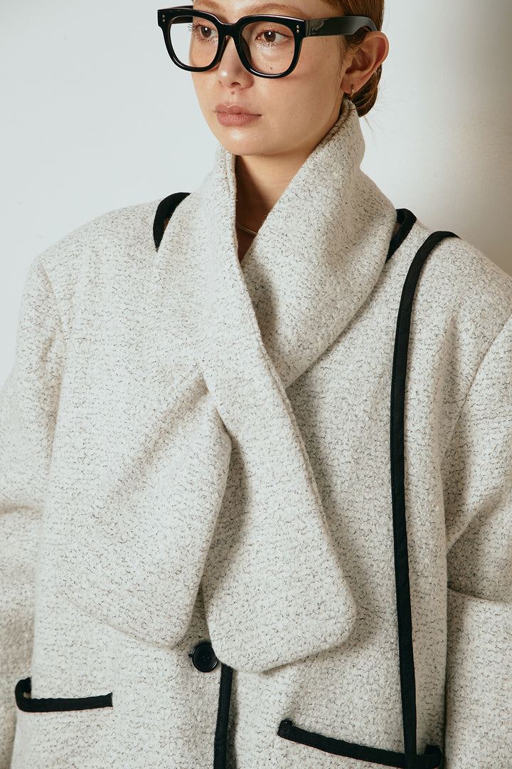 [SET]ノーカラーマフラーバッグ付きアウター+裏起毛スウェットワイドパンツ(2set)