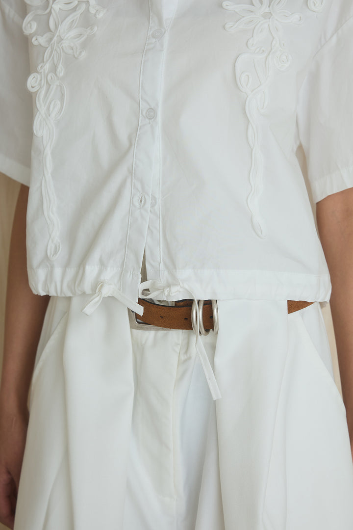 [SET]フロントテープ刺繍ウエストドロストシャツ+ベルトループワイドパンツ/ホワイト(2set)