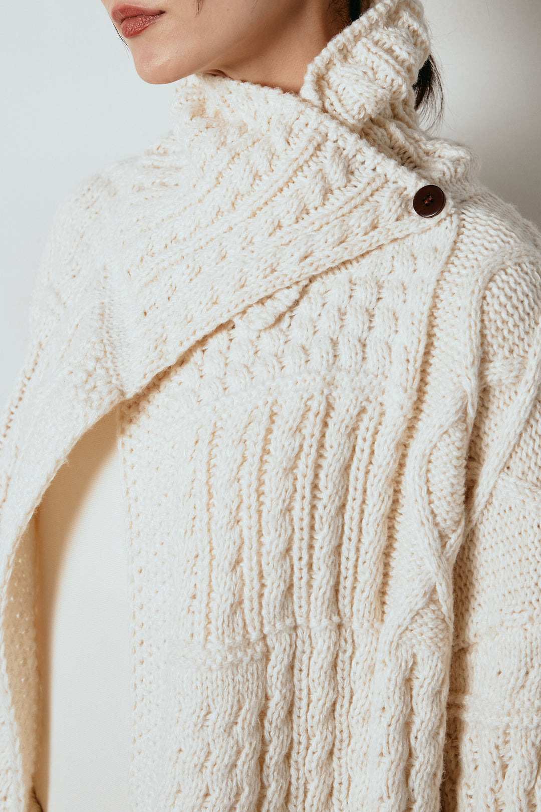 [SET]ビッグカラーケーブル編みニットトップス+フェイクレザー太ベルト付きタックワイドパンツ(2set)