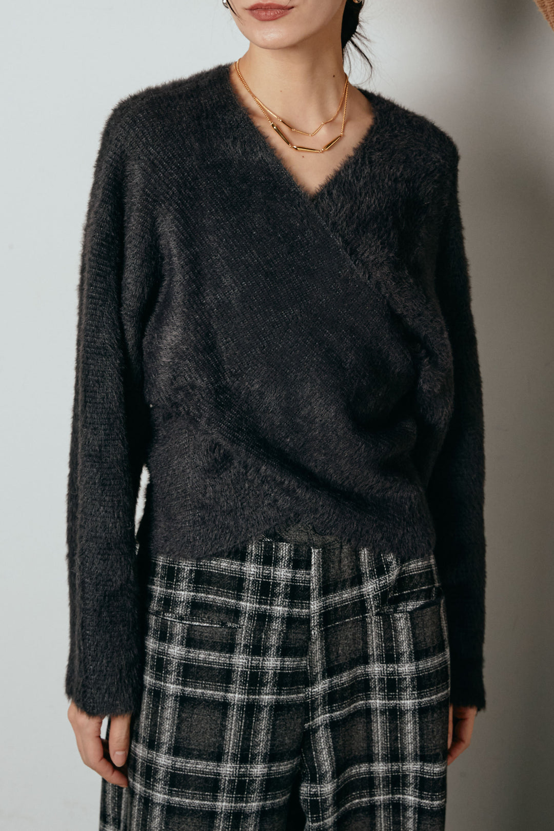 [SET]シャギーカシュクールニットトップス+ルーズタータンチェックワイドパンツ(2set)