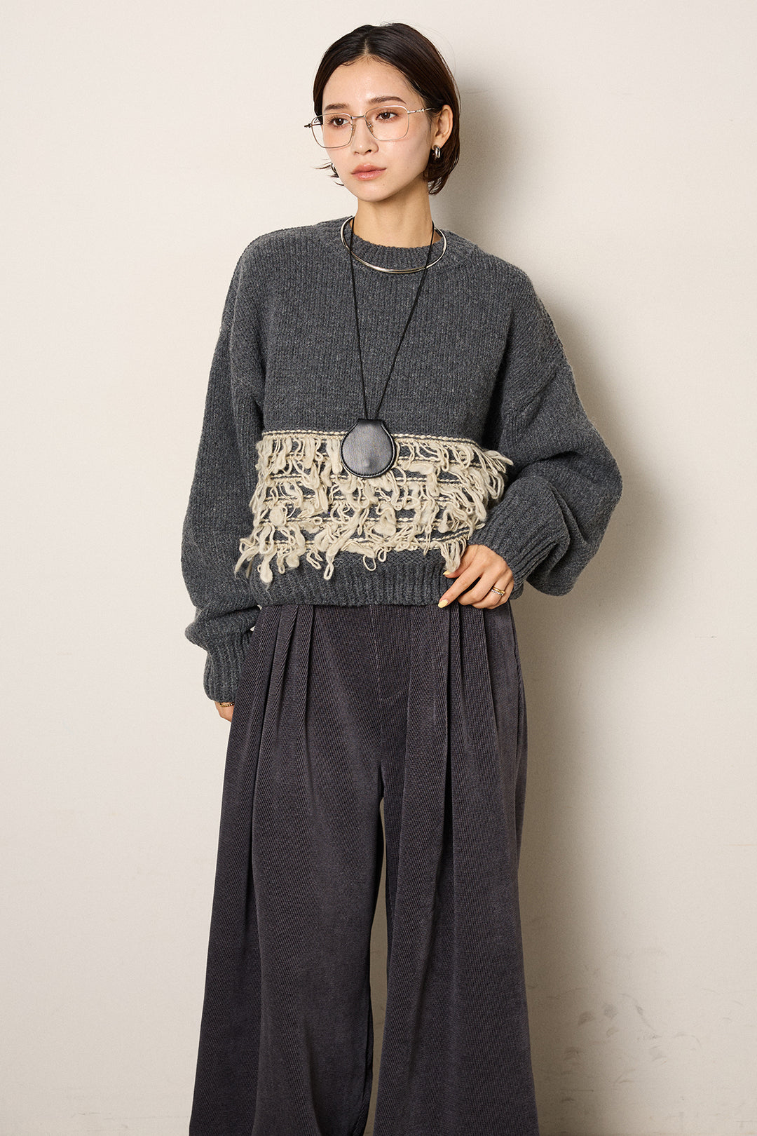 [SET]ループ編み切り替えニットプルオーバー+ベルトループコーデュロイワイドパンツ(2set)