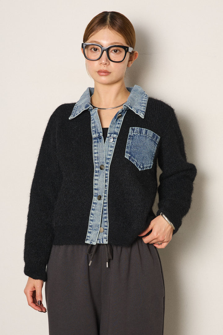 [SET]襟付きデニム切替ニットカーディガン+裏起毛スウェットワイドパンツ(2set)