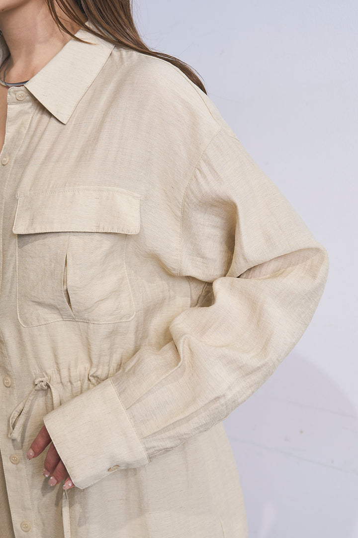 [SET]リネンブレンドシアーサファリシャツ+リネンブレンドロングナロースカート(2set)