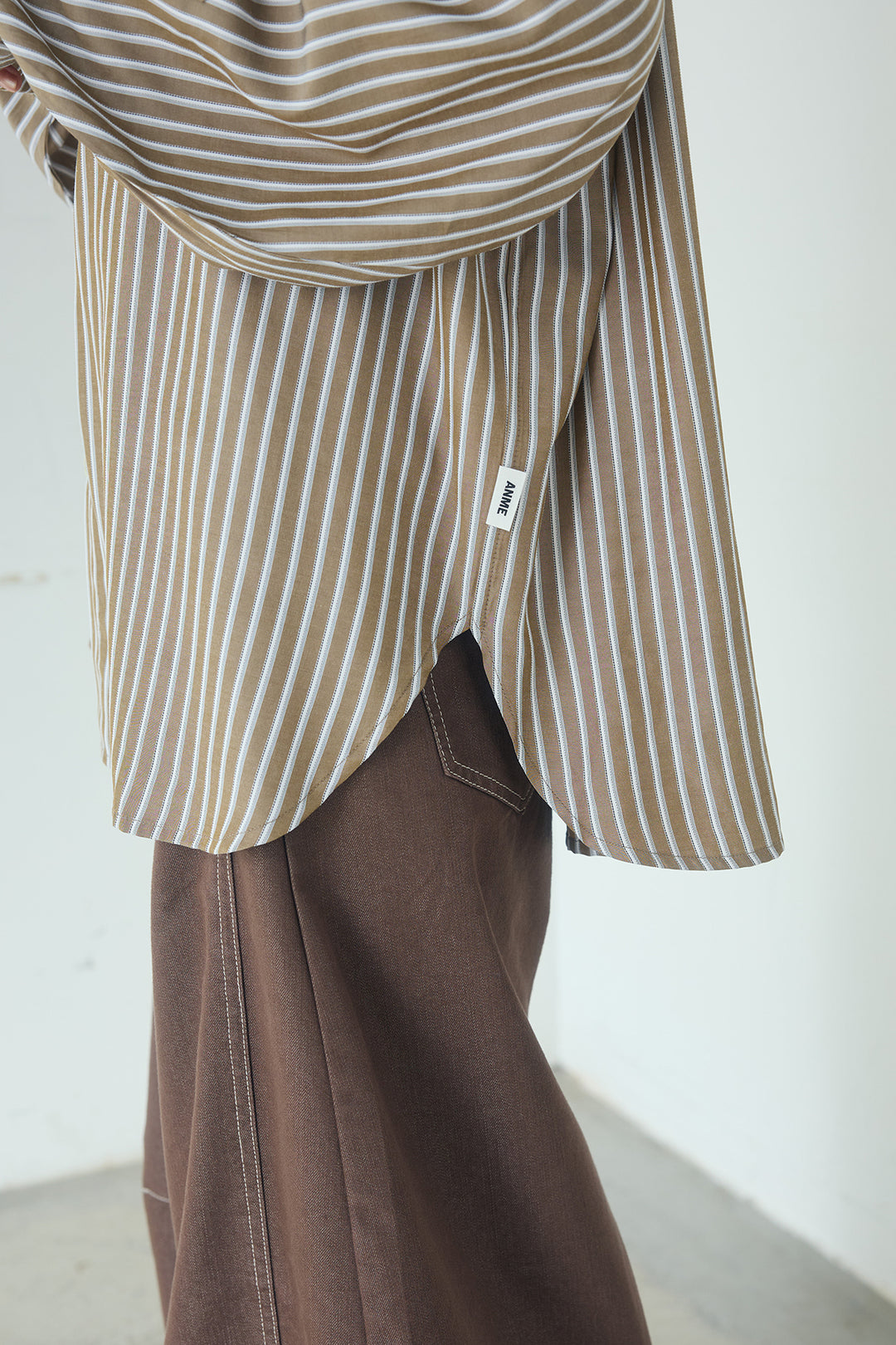 レーヨンストライプバンドカラー長袖シャツ