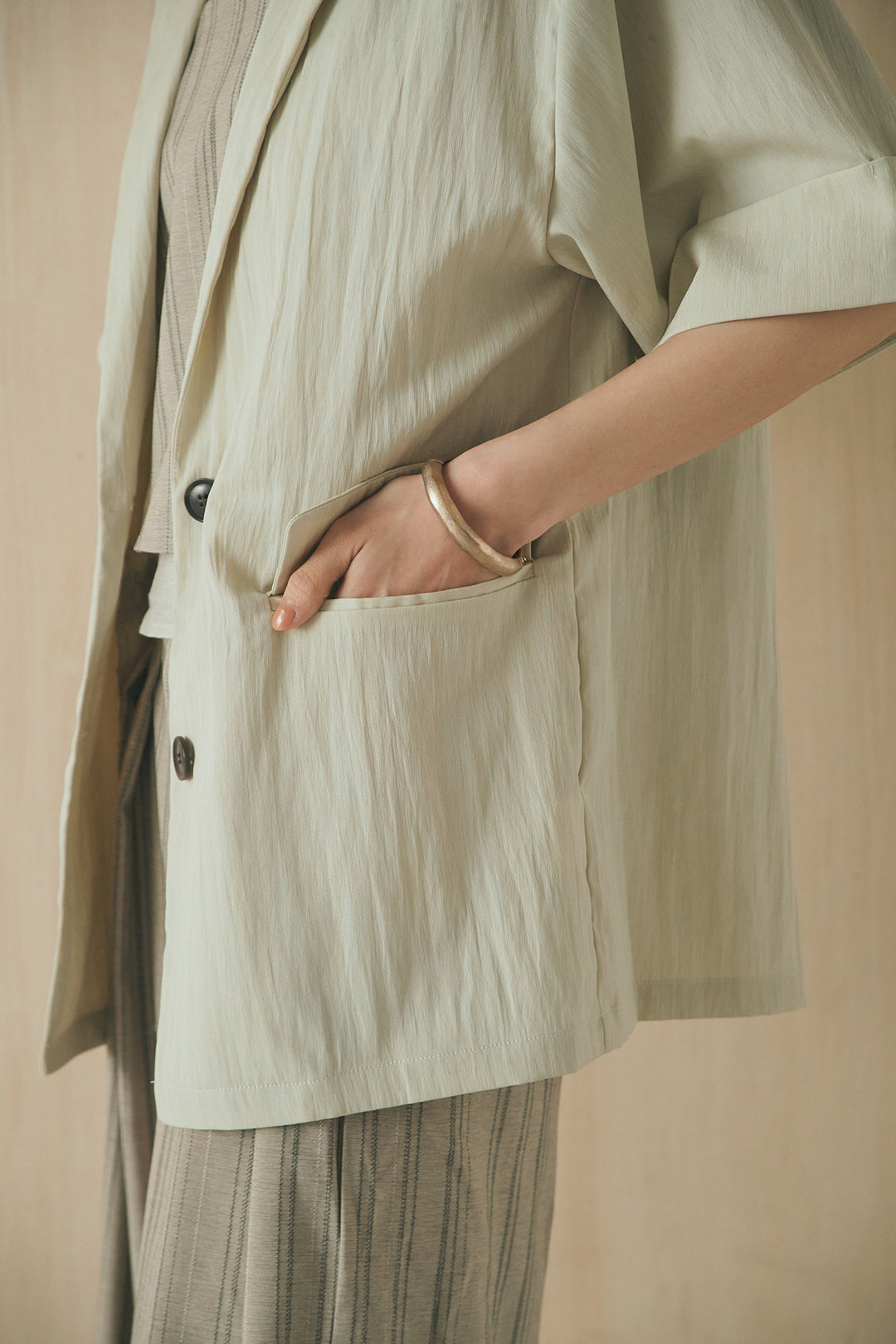 [SET]リネンライクテーラードハーフスリーブジャケット+リネンライク2タックワイドパンツ(2set)