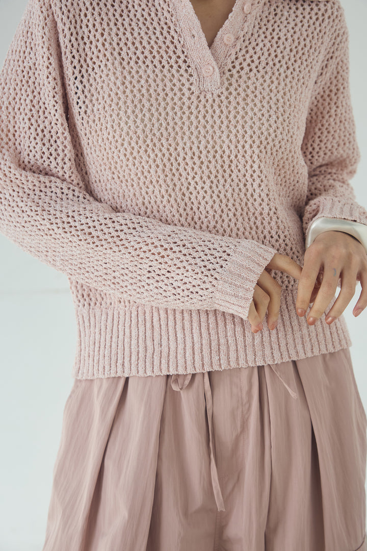 [SET]ミックスメッシュポロニット+麻混タックワイドパンツ(2set)