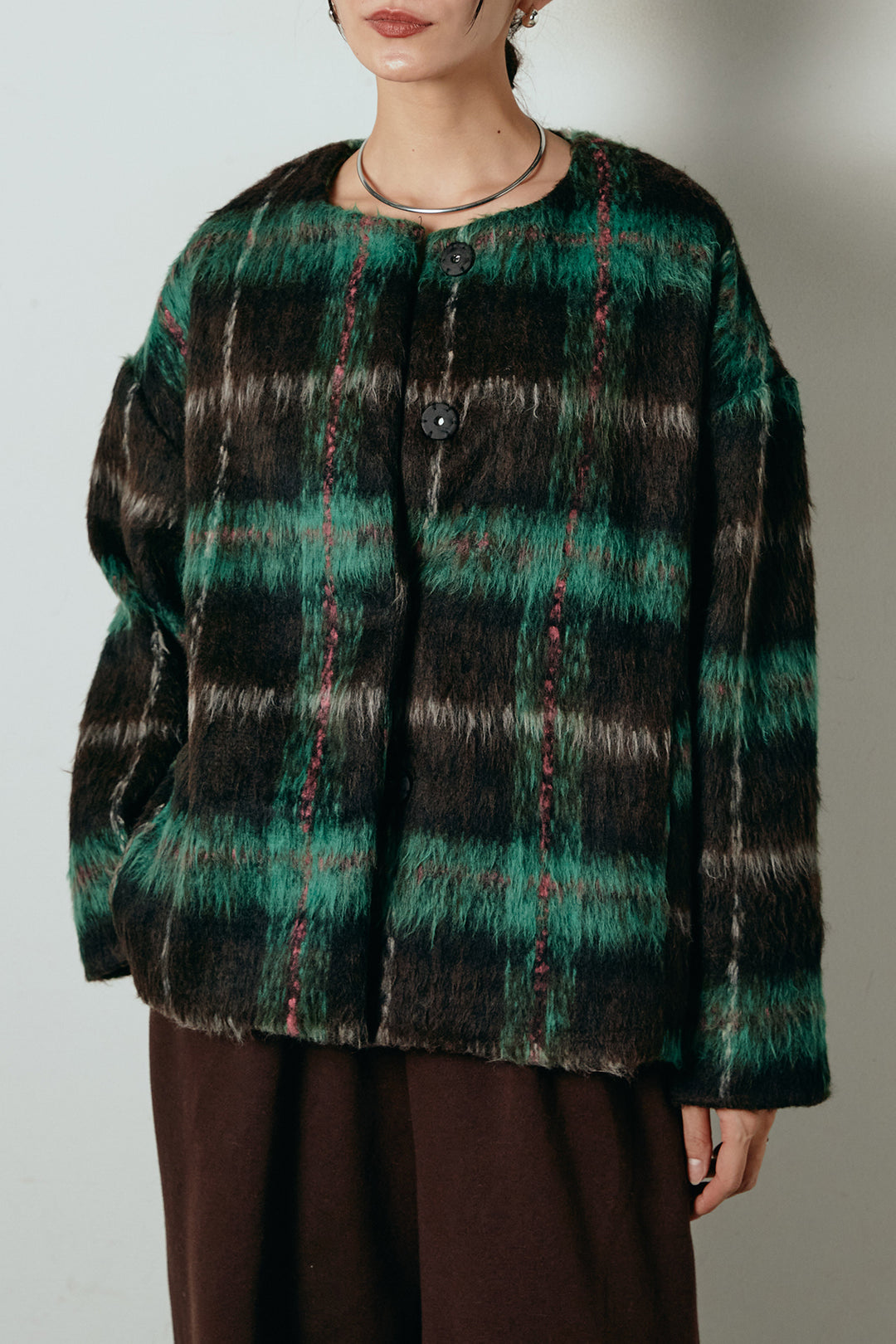 [SET]ノーカラーシャギーチェックアウター+ポーチベルト付きカーブパンツ(2set)