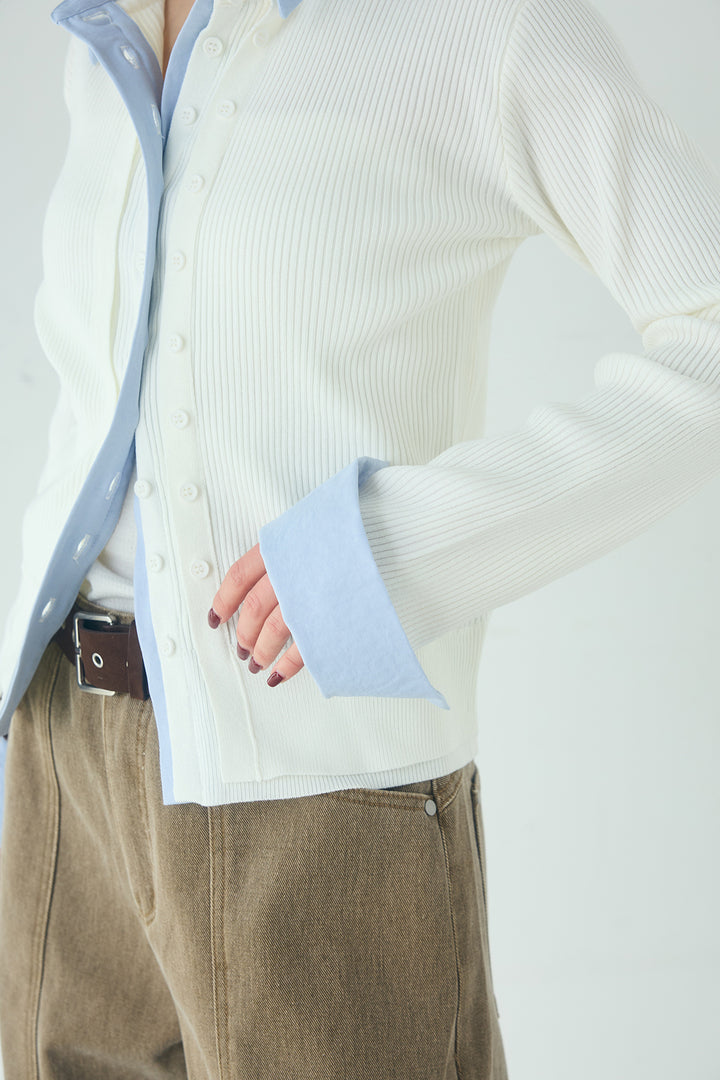 [SET]シャツドッキングボタンニットカーディガン+異素材切り替えスウェットパンツ(2set)