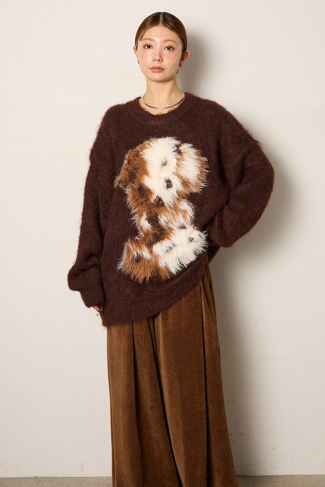 [SET]シャギーニュアンスアニマルニット+ベルトループコーデュロイワイドパンツ(2set)