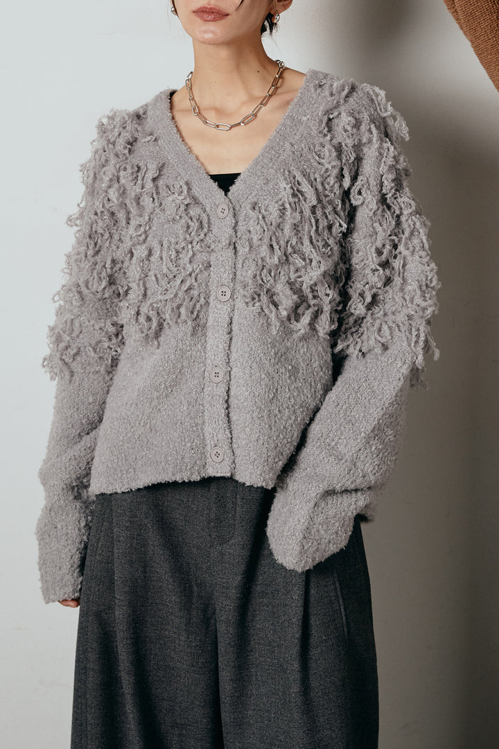 [SET]ループ編みVネックニットカーディガン+ポーチベルト付きカーブパンツ(2set)