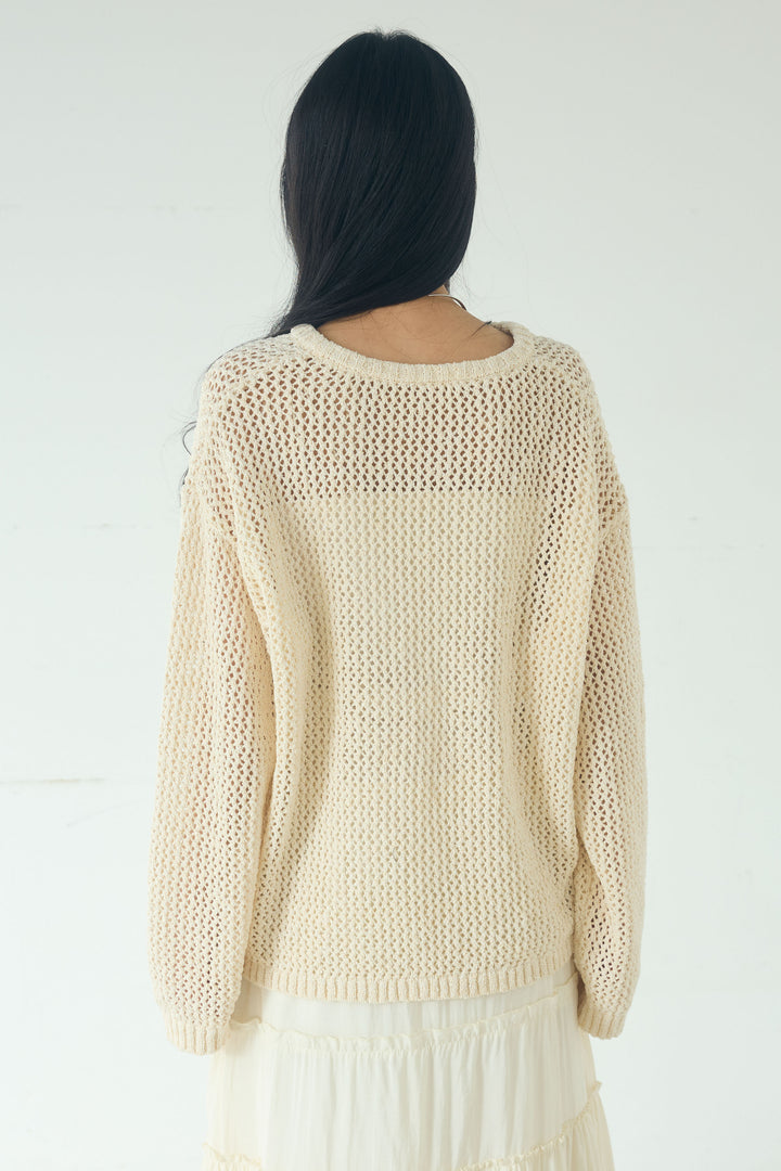 [SET]ミックスメッシュキーネックプルオーバー+シアーチュールレイヤードワイドパンツ(2set)