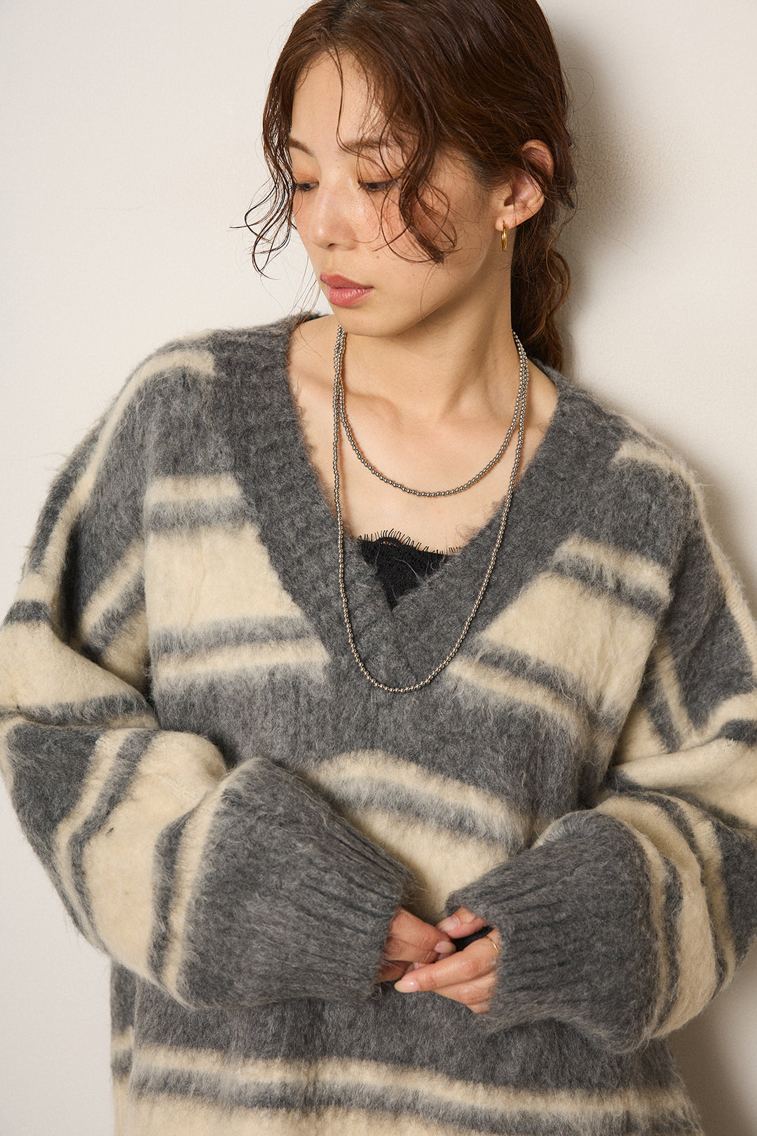 [SET]ルーズVネックボーダーニットトップス+杢ニットリブフレアパンツ(2set)