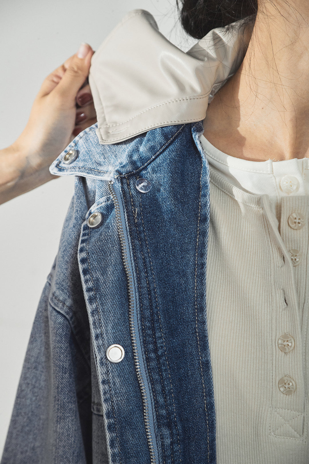 [SET]加工デニムレザー襟付きデニムブルゾン+カットリブレイヤードヘンリーネックワンピース(2set)